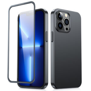 Juodas dėklas Joyroom 360 Full + grūdintas stiklas su juodu rėmeliu telefonui APPLE IPHONE 13 PRO MAX