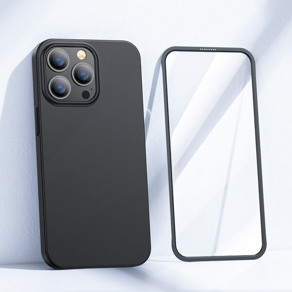 Juodas dėklas Joyroom 360 Full + grūdintas stiklas su juodu rėmeliu telefonui APPLE IPHONE 13 PRO MAX