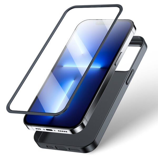 Juodas dėklas Joyroom 360 Full + grūdintas stiklas su juodu rėmeliu telefonui APPLE IPHONE 13 PRO MAX